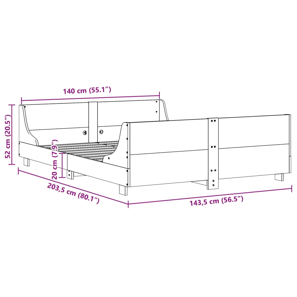 Letto senza Materasso 140x200 cm in Legno Massello di Pino - homemem39