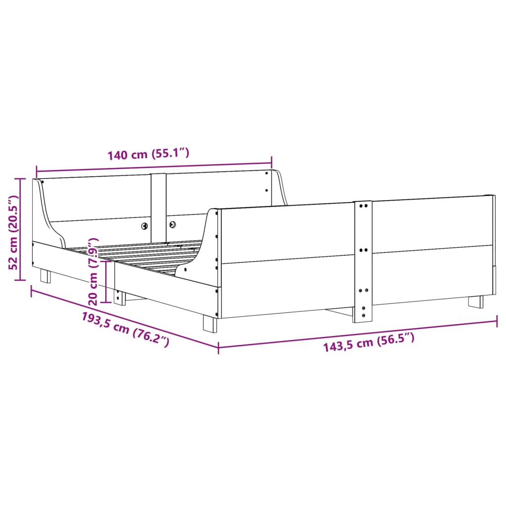 Letto senza Materasso 140x190 cm in Legno Massello di Pino | homemem39