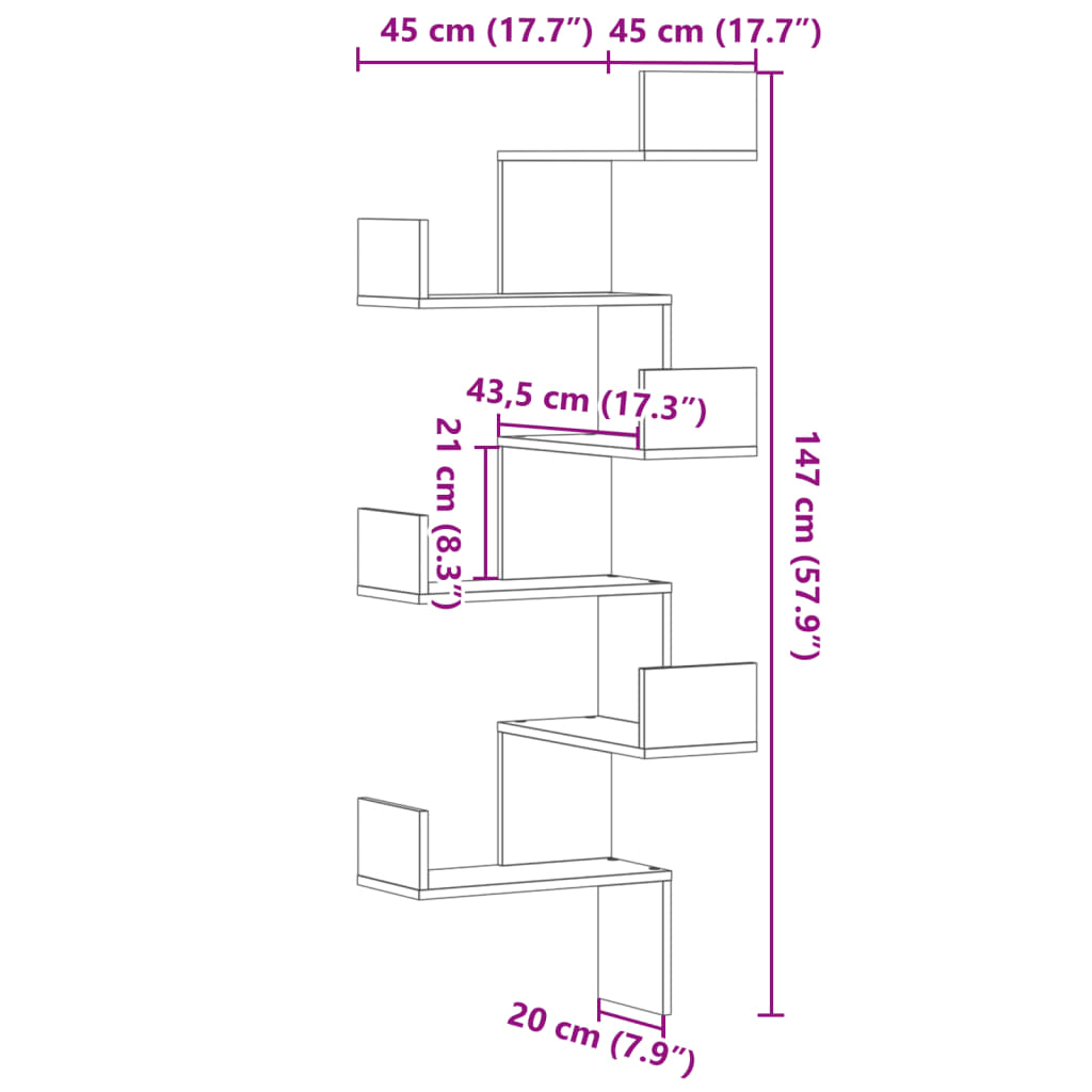 Scaffale Angolare a Muro Sonoma 45x45x147 cm Legno Multistrato | homemem39