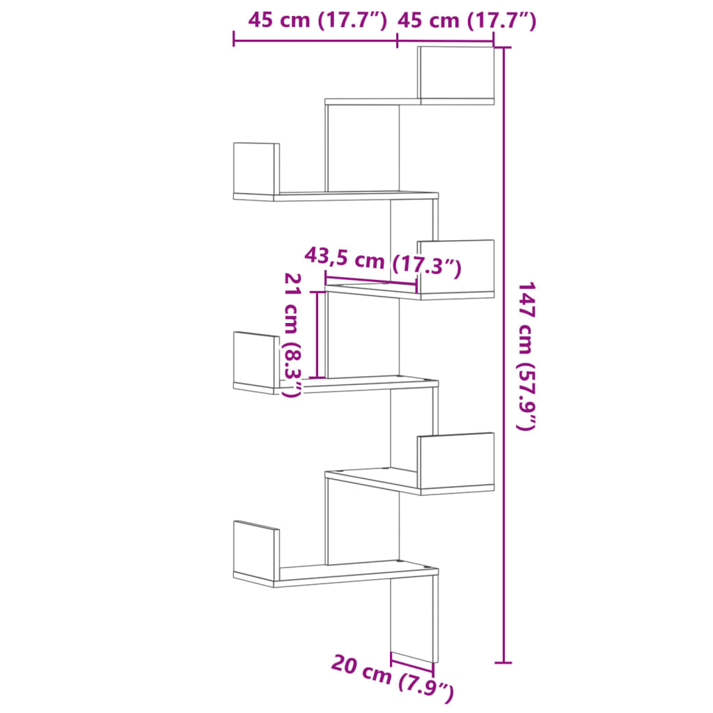 Scaffale Angolare a Muro Grigio Cemento 45x45x147cm Multistrato | homemem39