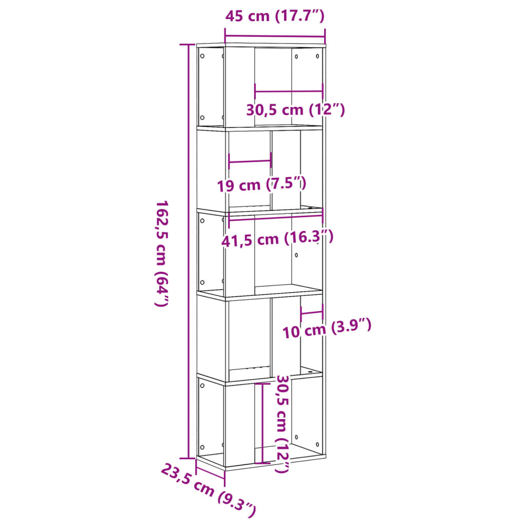 Libreria 5 Ripiani Nera 45x23,5x162,5cm in Legno Multistrato