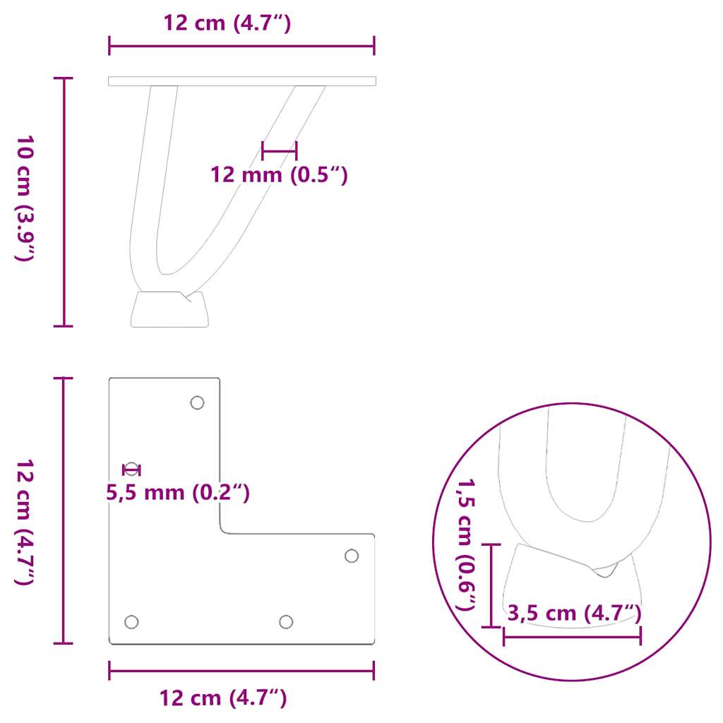 Gambe per Tavolo a Forcina 4 pz Nero 10 cm in Acciaio Massiccio