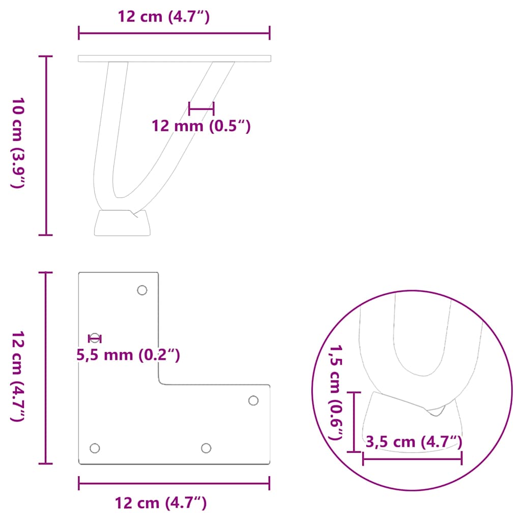 Gambe a forcina per tavolino 4 pz in acciaio naturale 10 cm