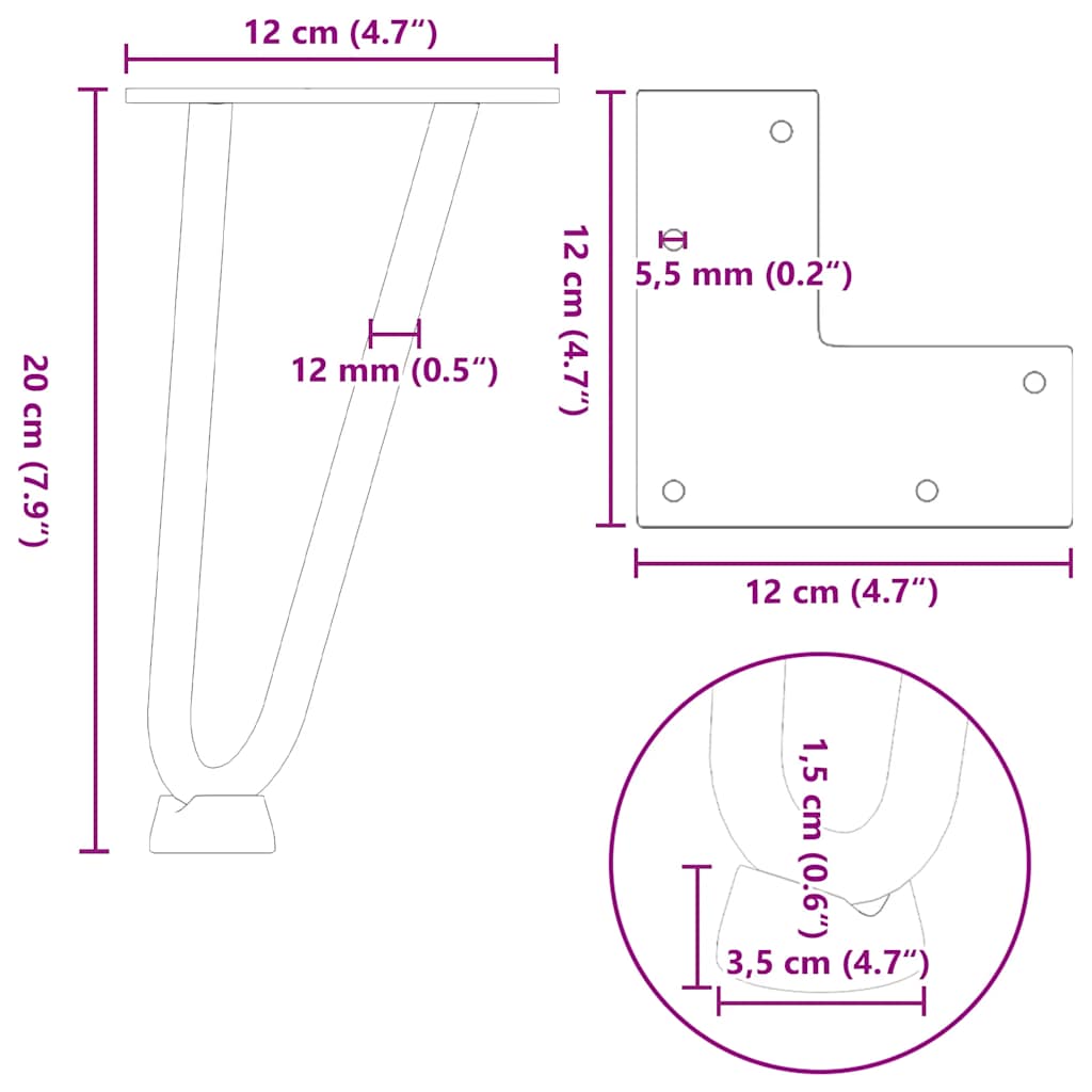 Gambe per Tavolo a Forcina 4 pz Nero 20 cm in Acciaio Massiccio