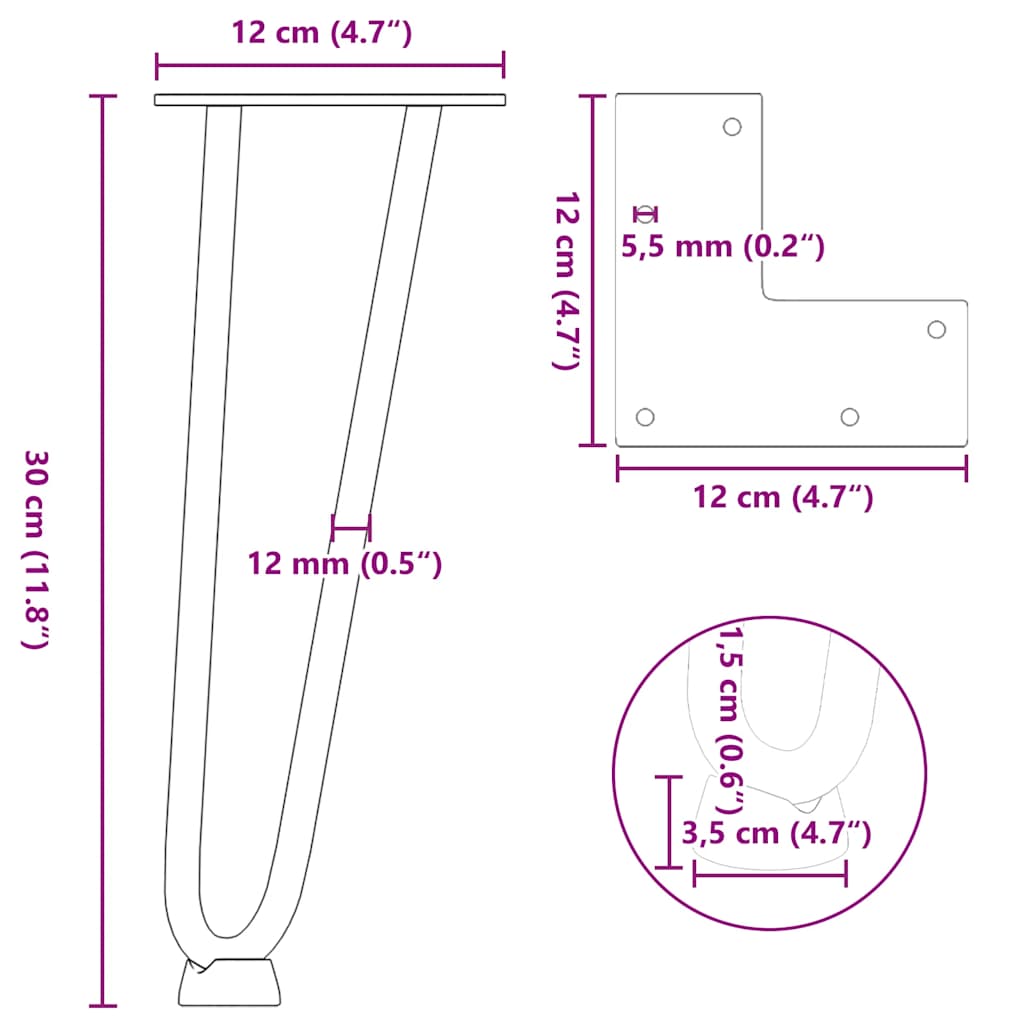 Gambe per Tavolo a Forcina 4 pz Nero 30 cm in Acciaio Massiccio