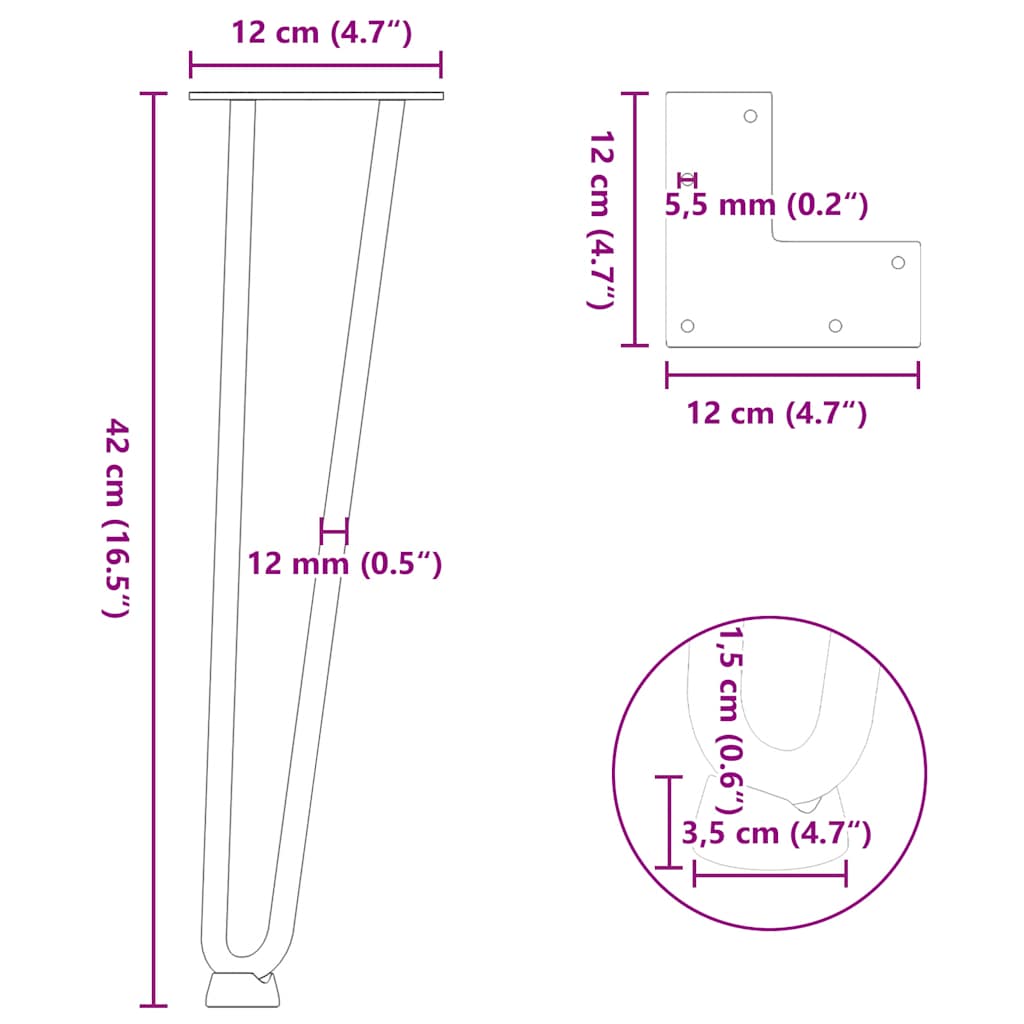 Gambe per Tavolo a Forcina 4 pz Nero 42 cm in Acciaio Massiccio