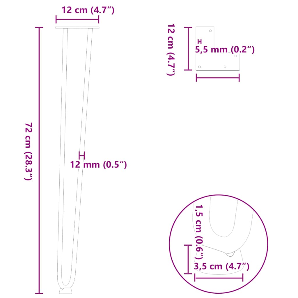 Gambe a forcina per tavoli consolle 4 pz acciaio naturale 72 cm