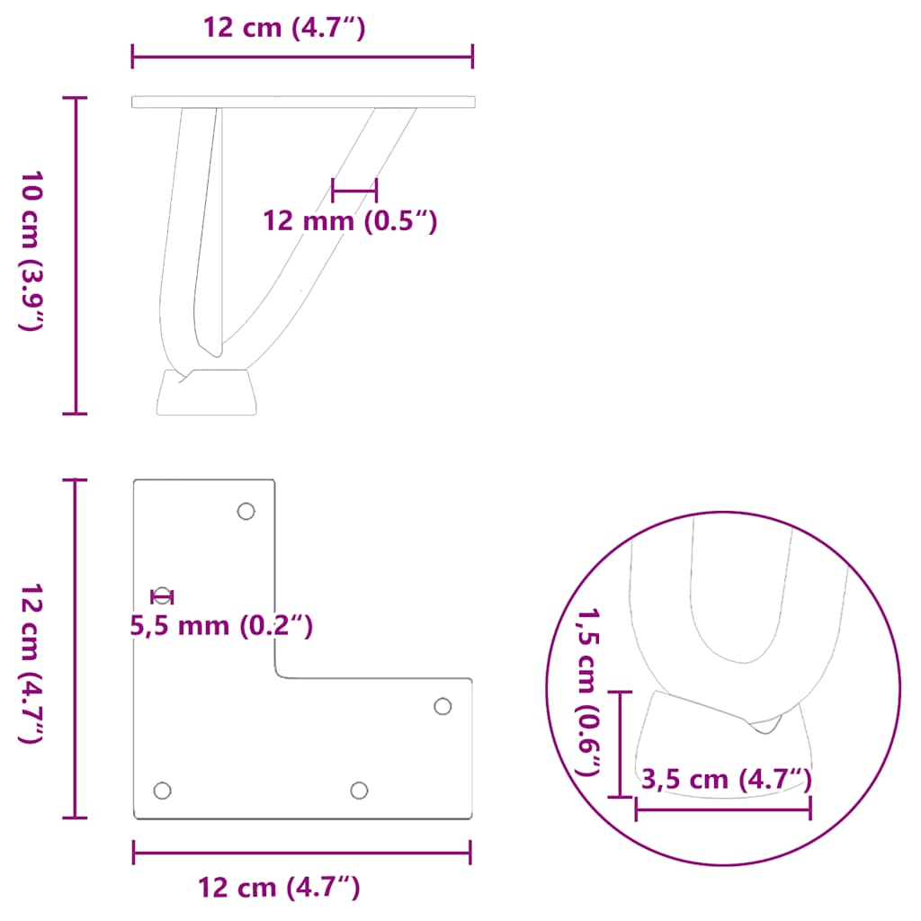 Gambe per Tavolo a Forcina 4 pz Nero 10 cm in Acciaio Massiccio