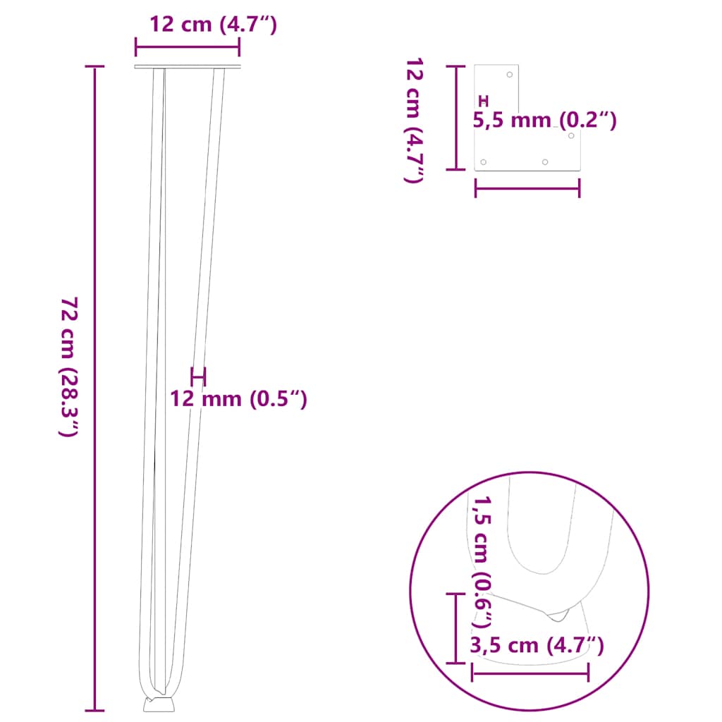 Gambe per Tavolo a Forcina 4 pz Nero 72 cm in Acciaio Massiccio