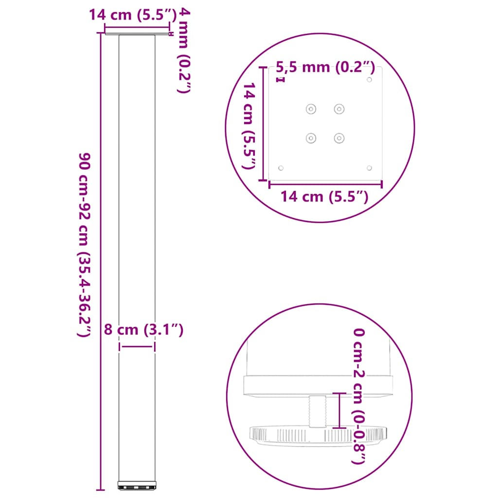 Gambe per Tavolino 4 pz Nero 90-92 cm in Acciaio