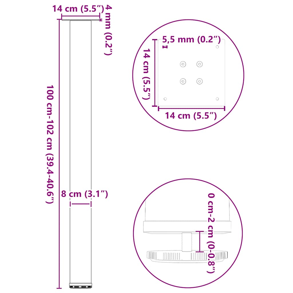 Gambe per Tavolino 4 pz Nero 100-102 cm in Acciaio