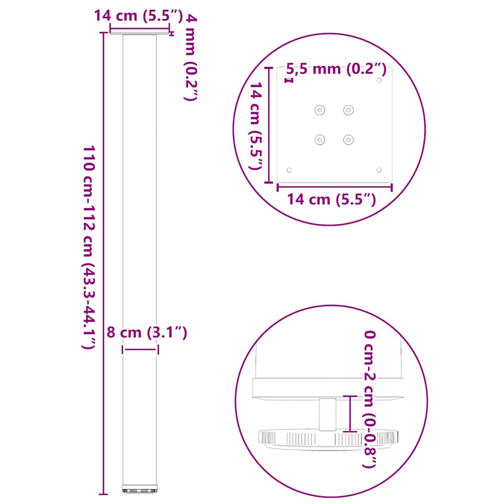 Gambe per Tavolino 4 pz Nero 110-112 cm in Acciaio