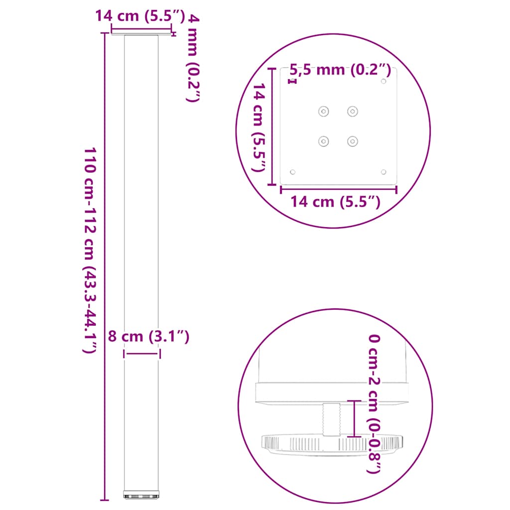 Gambe per Tavolino 4 pz Bianco 110-112 cm in Acciaio