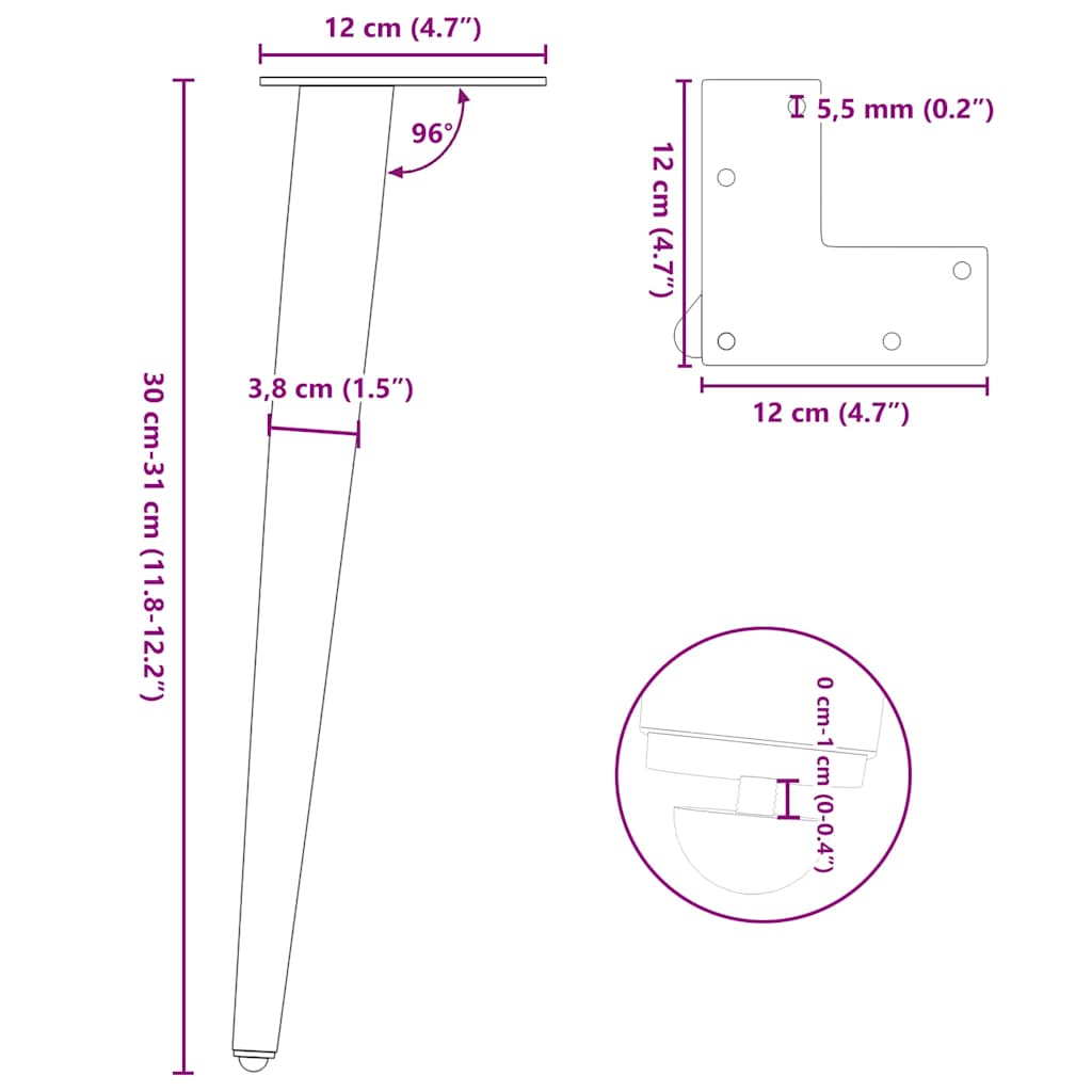 Gambe Tavolino Caffè a Forma Conica 4 pz Nero 30-31 cm Acciaio