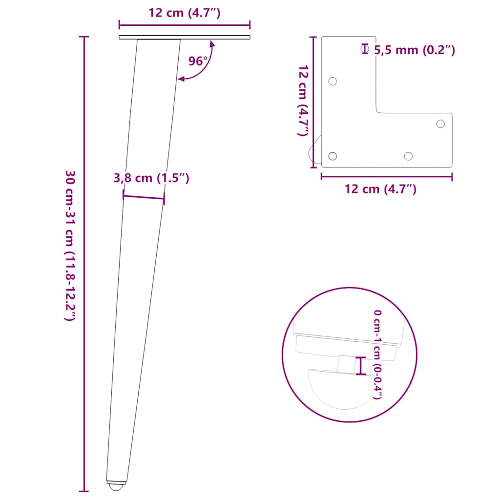 Gambe Tavolino Caffè a Forma Conica 4 pz Bianco 30-31cm Acciaio