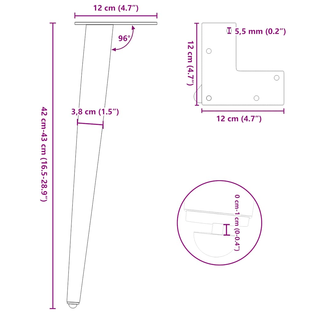 Gambe Tavolino Caffè a Forma Conica 4 pz Nero 42-43 cm Acciaio