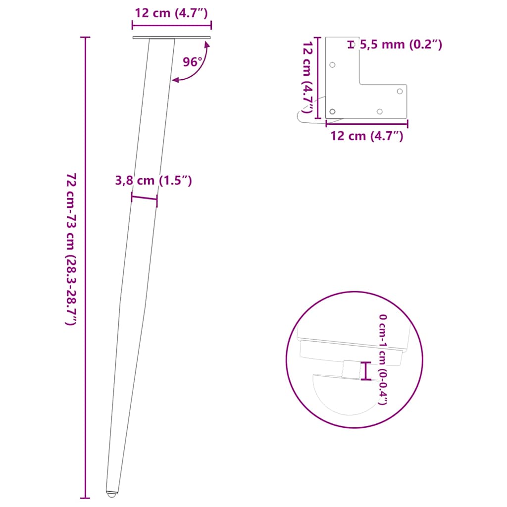 Gambe Tavolino Caffè a Forma Conica 4 pz Nero 72-73 cm Acciaio