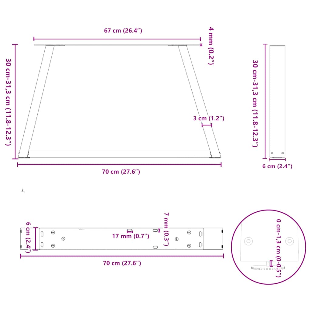 Gambe Tavolino da Caffè forma V 2 pz Antracite 70x(30-31,3) cm