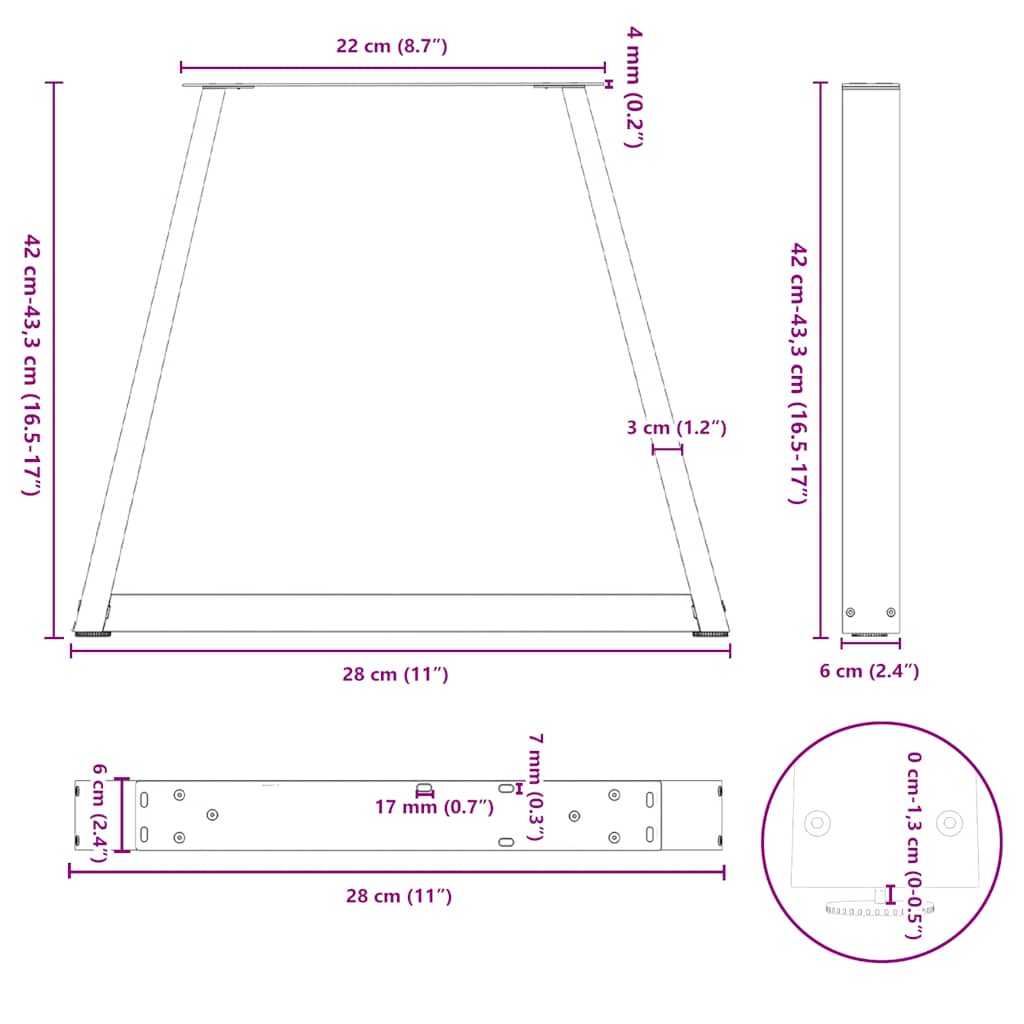 Gambe Tavolo Pranzo a V 2 pz Antracite 28x(42-43,3)cm Acciaio