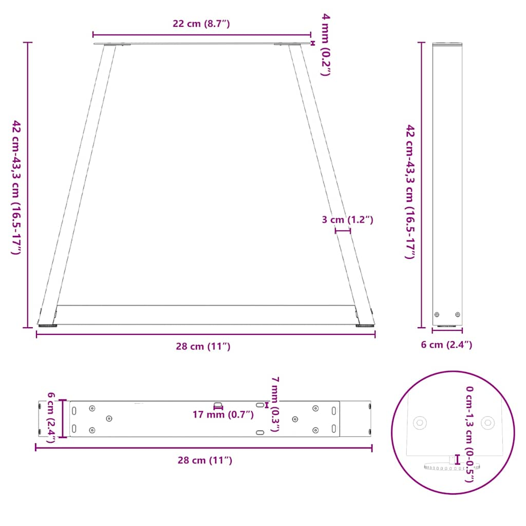 Gambe per Tavolo Pranzo a V 2pz Naturale 28x(42-43,3)cm Acciaio