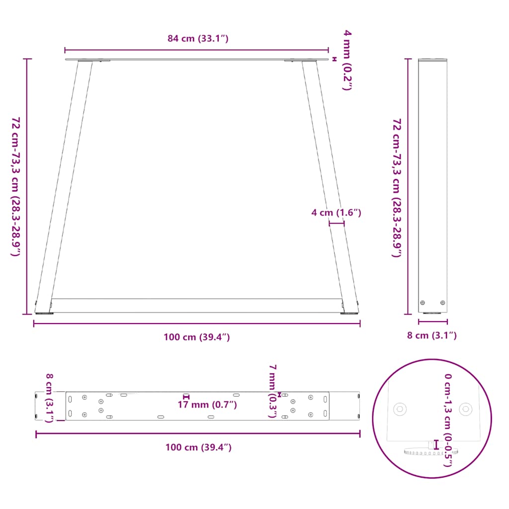 Gambe per tavolo da pranzo forma V 2 pz nere 100x(72-73,3) cm