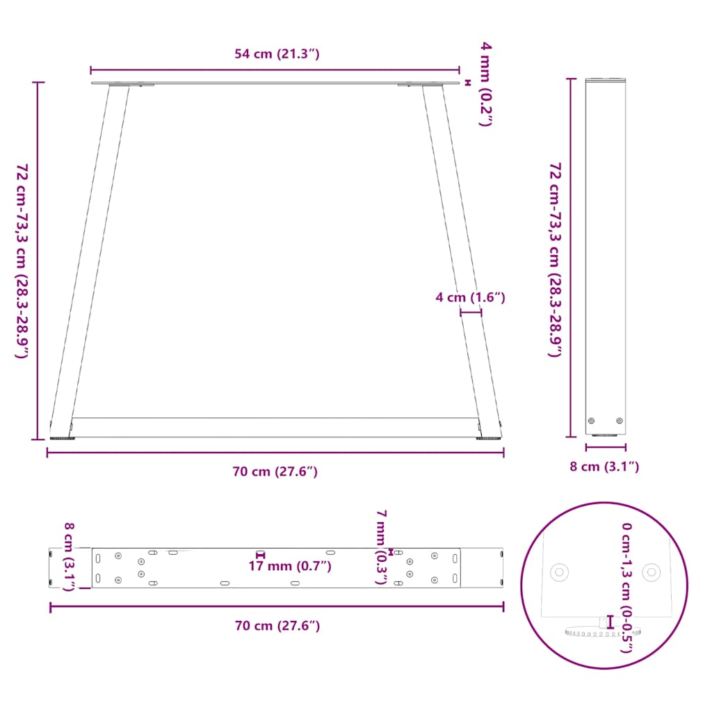 Gambe per tavolo da pranzo forma V 3 pz bianche 70x(72-73,3) cm