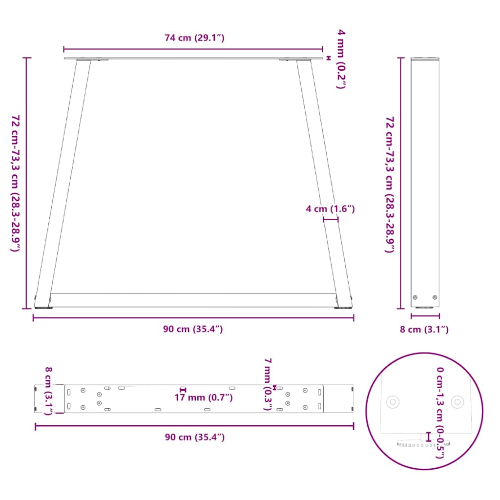 Gambe per tavolo da pranzo forma V 3 pz bianche 90x(72-73,3) cm