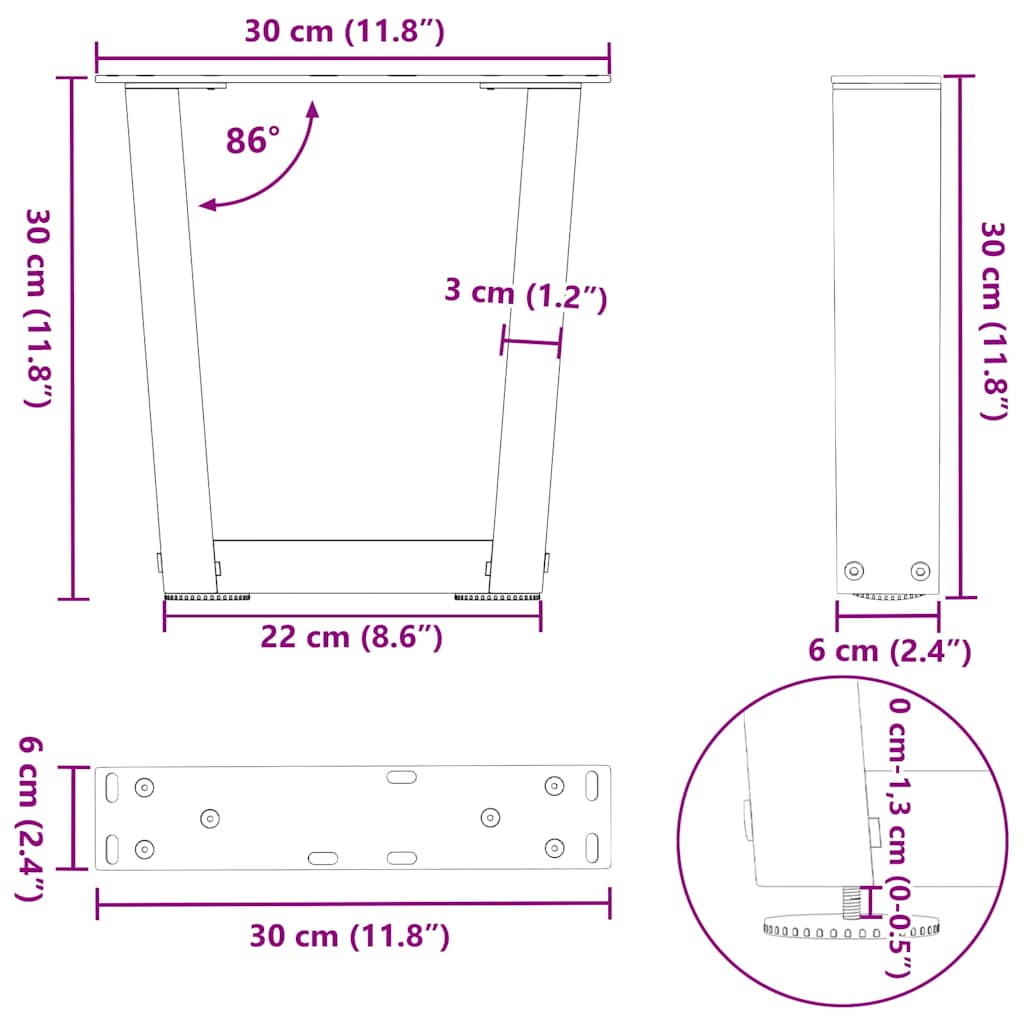 Gambe per Tavolo Pranzo a V 2pz Naturale 30x(30-31,3)cm Acciaio