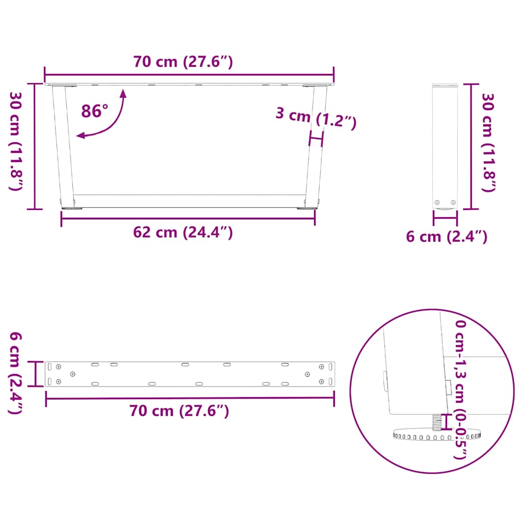 Gambe per Tavolo da Pranzo a V 2 pz Nero 70x(30-31,3)cm Acciaio