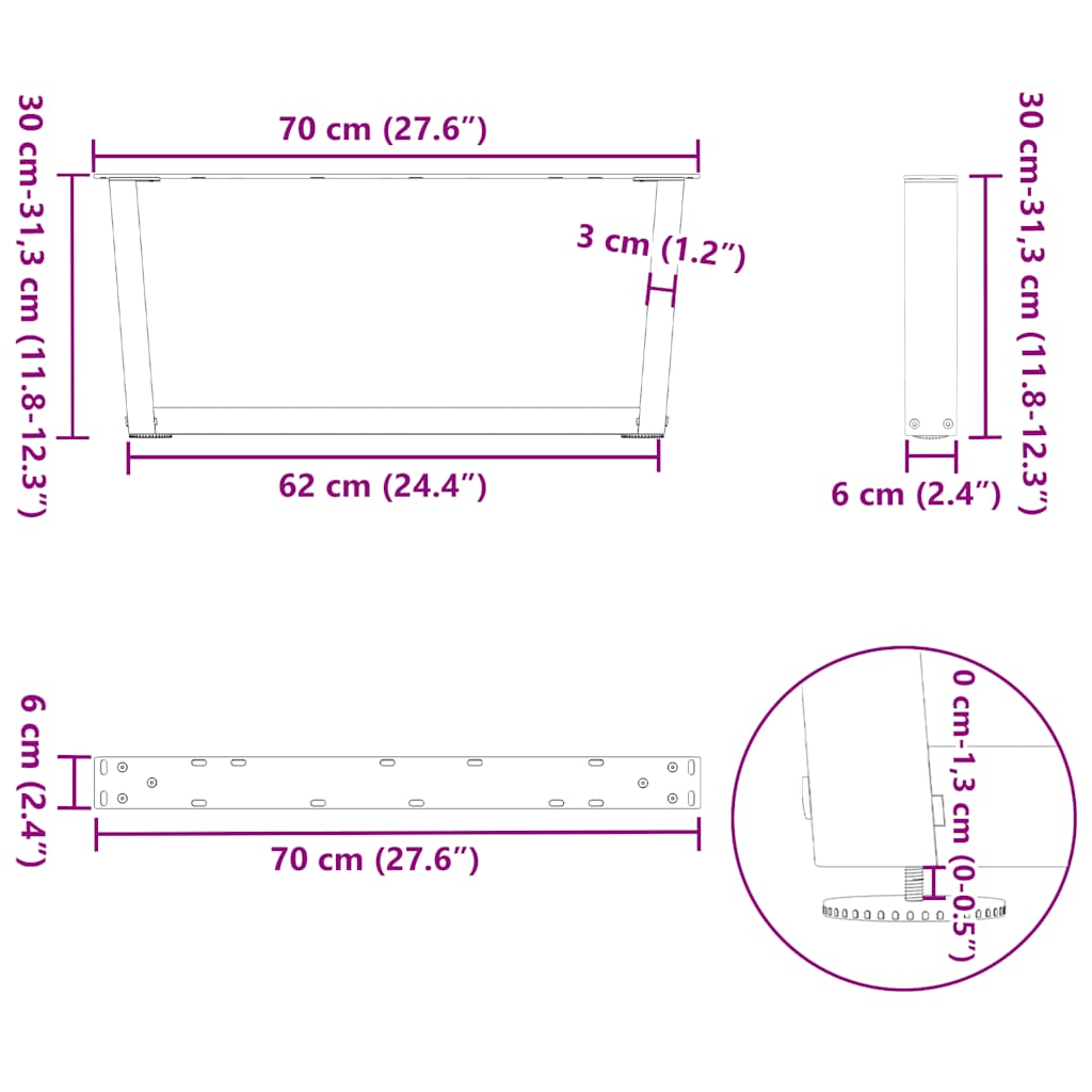 Gambe per Tavolo Pranzo a V 2pz Naturale 70x(30-31,3)cm Acciaio