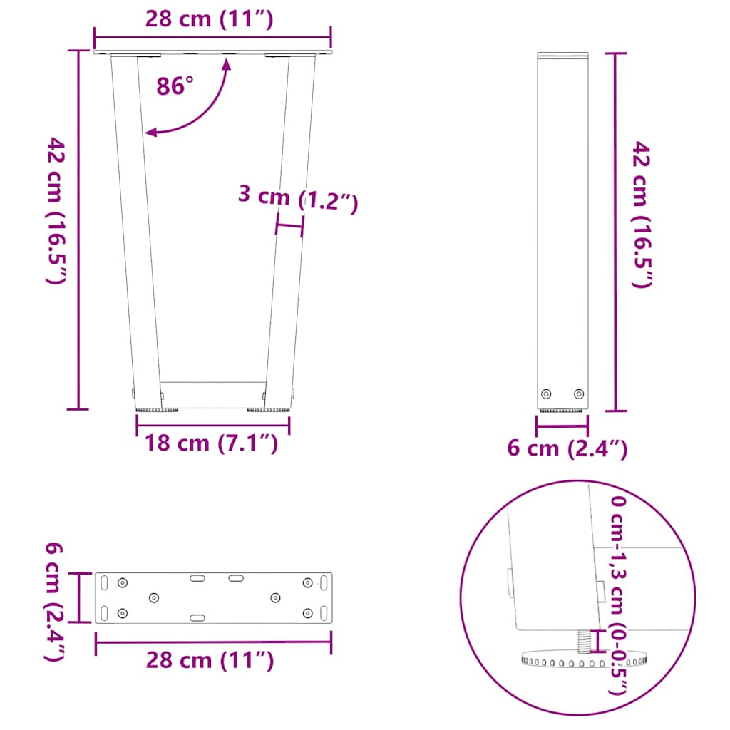 Gambe per Tavolo da Pranzo a V 2 pz Nero 28x(42-43,3)cm Acciaio