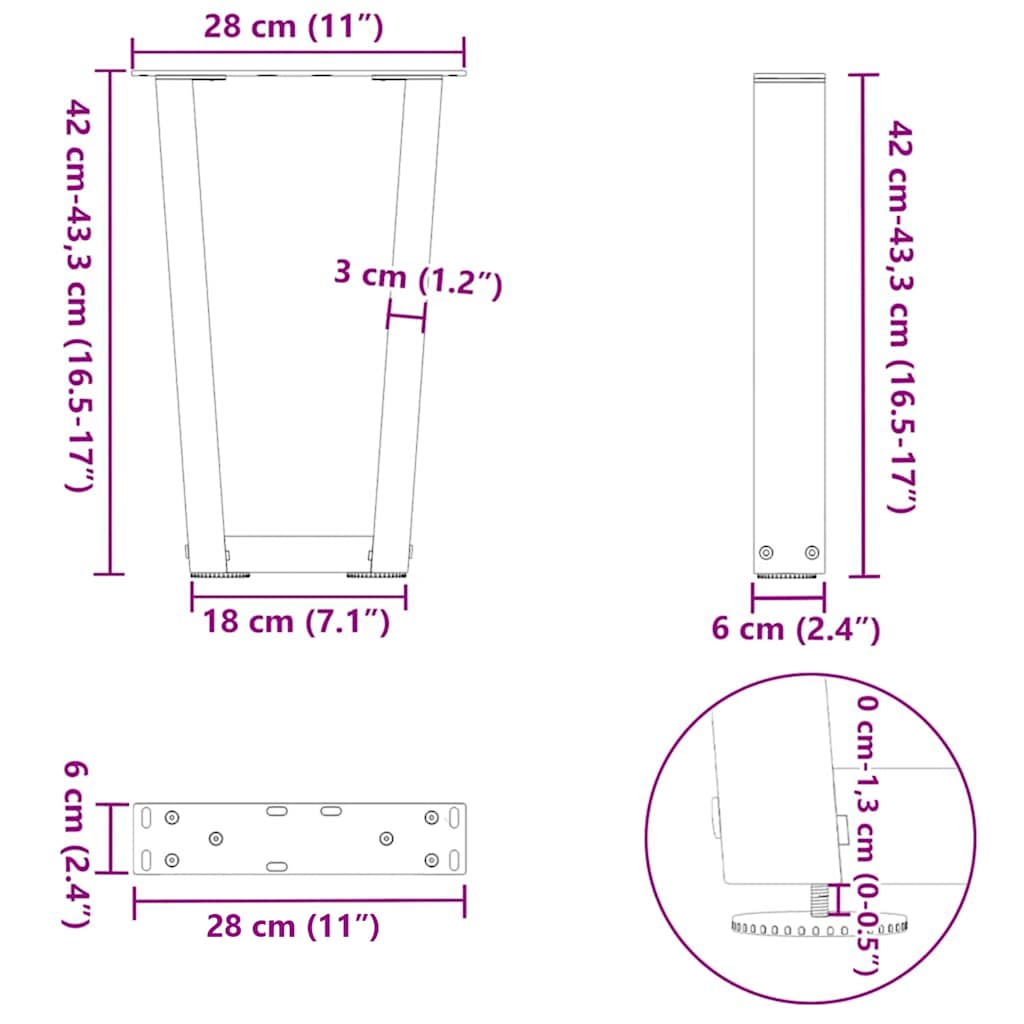 Gambe Tavolino da Caffè forma V 2 pz Antracite 28x(42-43,3) cm