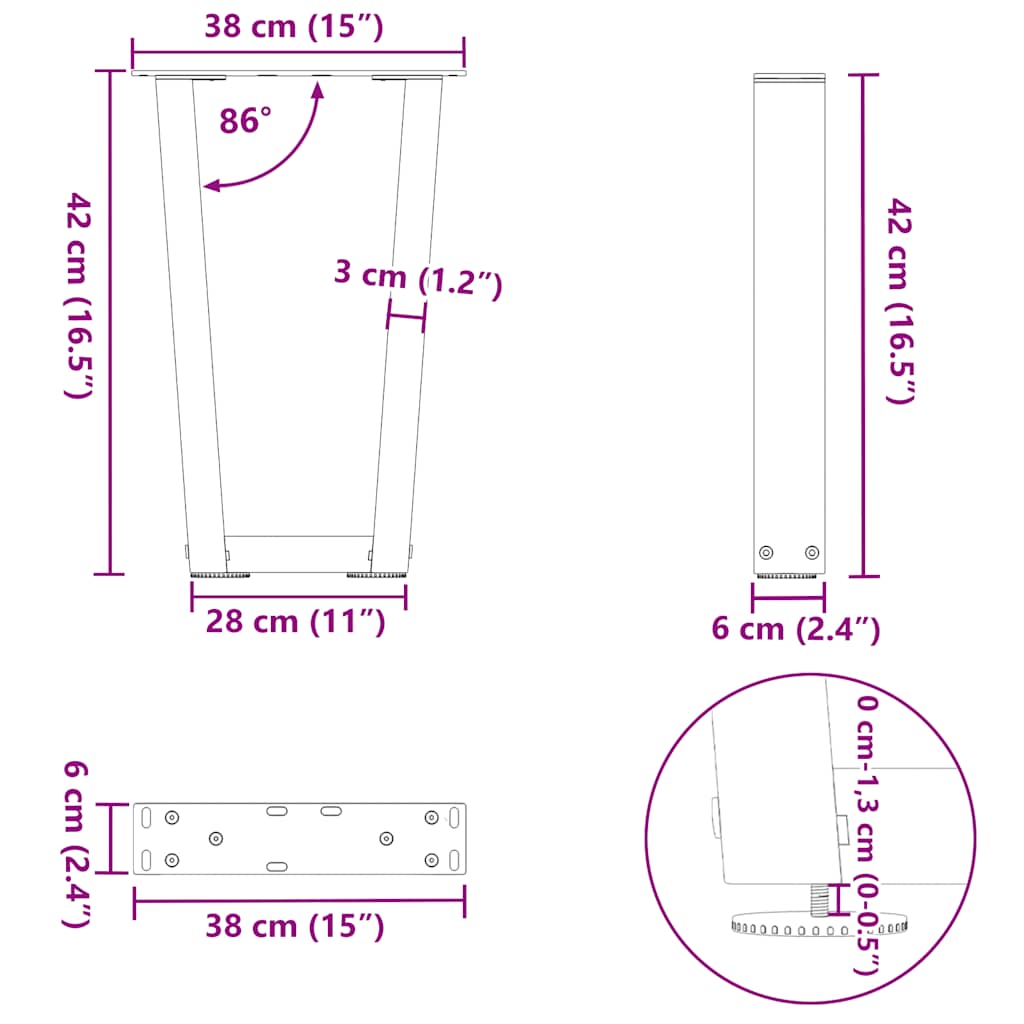 Gambe Tavolo Pranzo a V 2 pz Antracite 38x(42-43,3)cm Acciaio