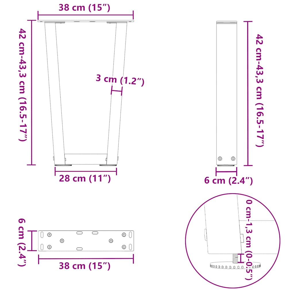 Gambe Tavolino da Caffè forma V 2 pz Antracite 38x(42-43,3) cm