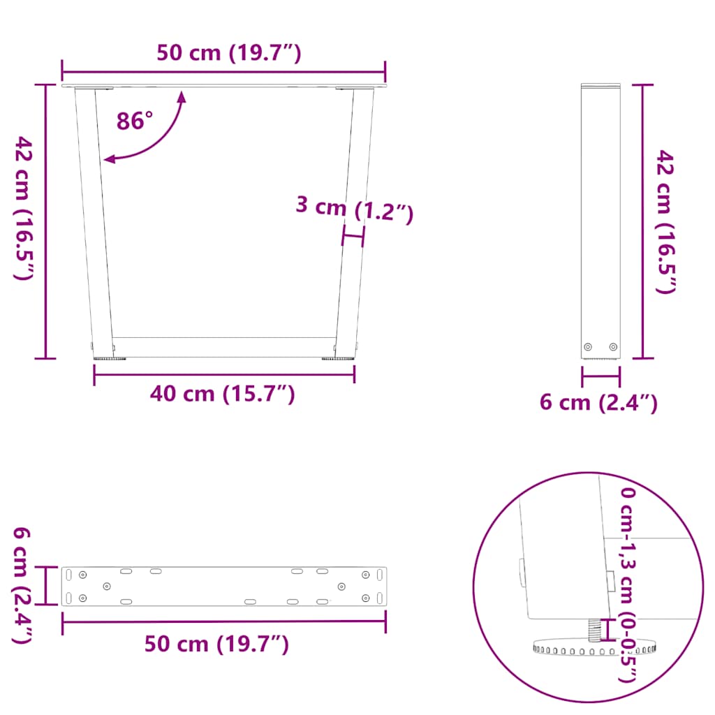 Gambe Tavolo Pranzo a V 2 pz Antracite 50x(42-43,3)cm Acciaio