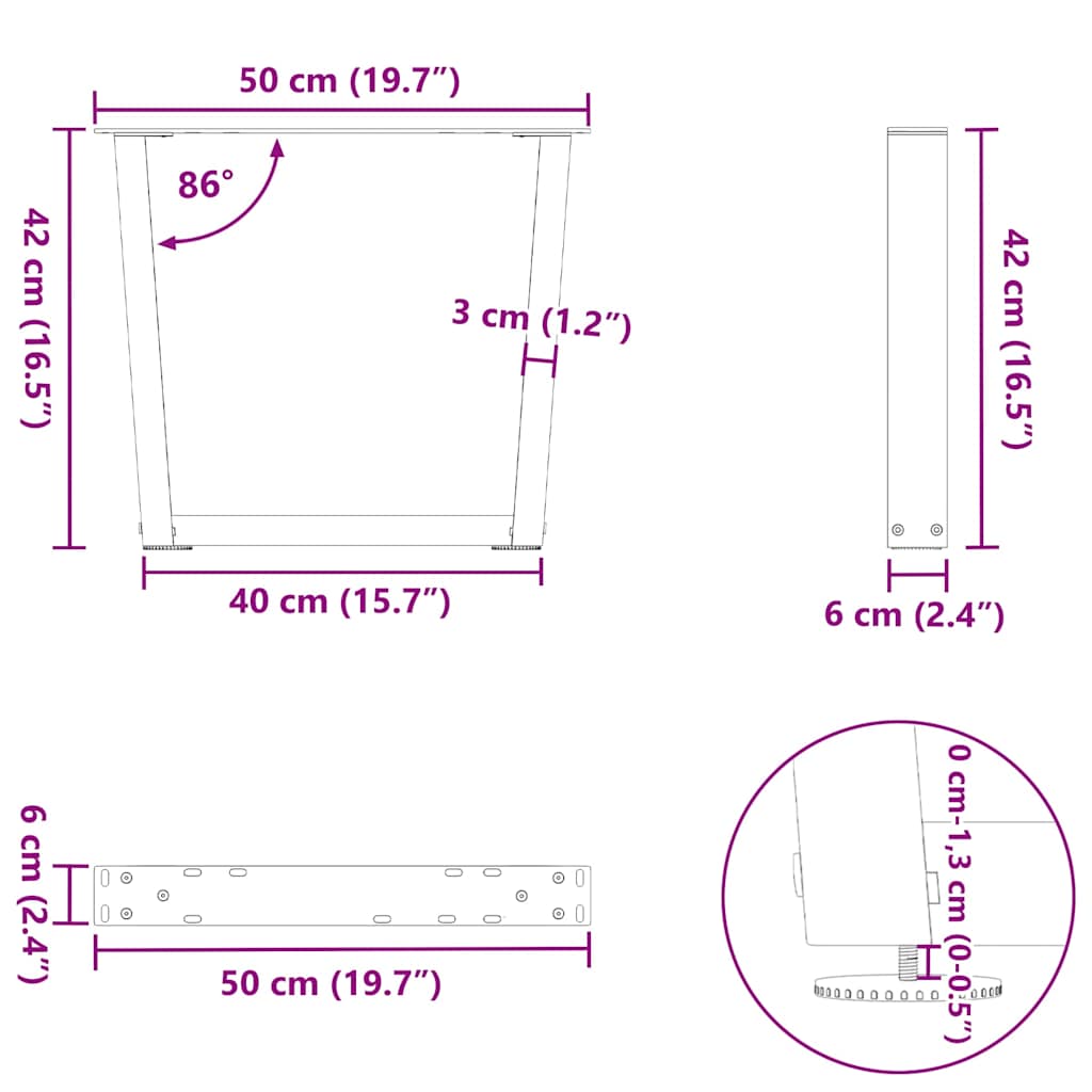 Gambe per Tavolo Pranzo a V 2pz Naturale 50x(42-43,3)cm Acciaio