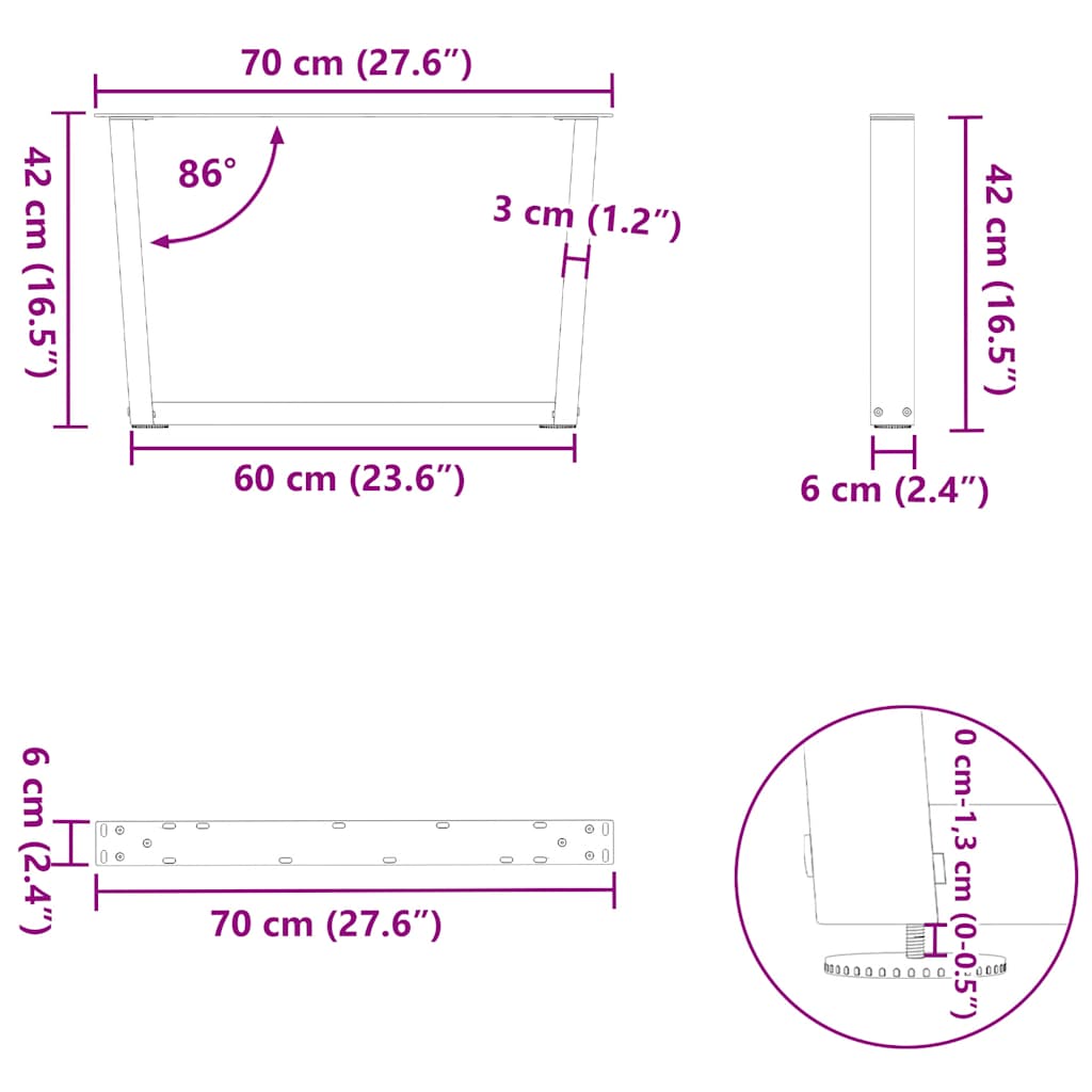 Gambe per Tavolo da Pranzo a V 2 pz Nero 70x(42-43,3)cm Acciaio