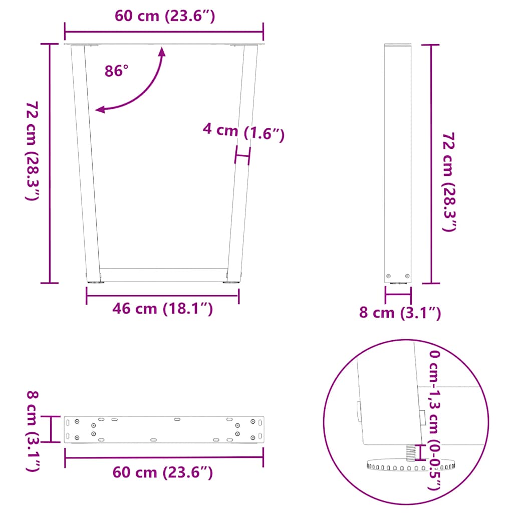 Gambe per Tavolo da Pranzo a V 2 pz Nero 60x(72-73,3)cm Acciaio