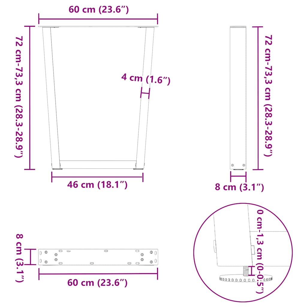 Gambe per tavolo da pranzo a forma di V 2 pz nere 60x(72-73,3) cm in acciaio