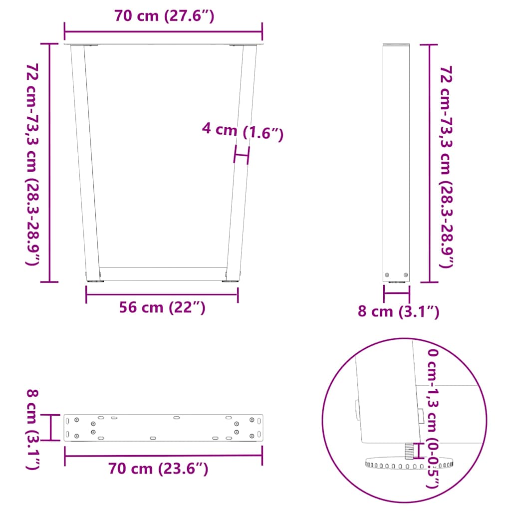 Gambe per Tavolo Pranzo a V 2pz Naturale 70x(72-73,3)cm Acciaio