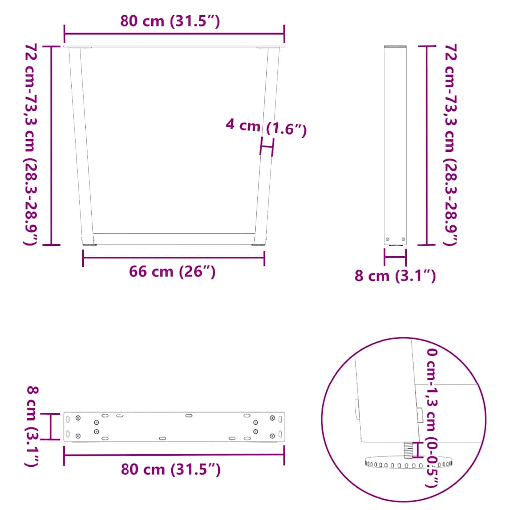 Gambe per tavolo da pranzo forma V 2 pz naturale 80x(72-73,3)cm