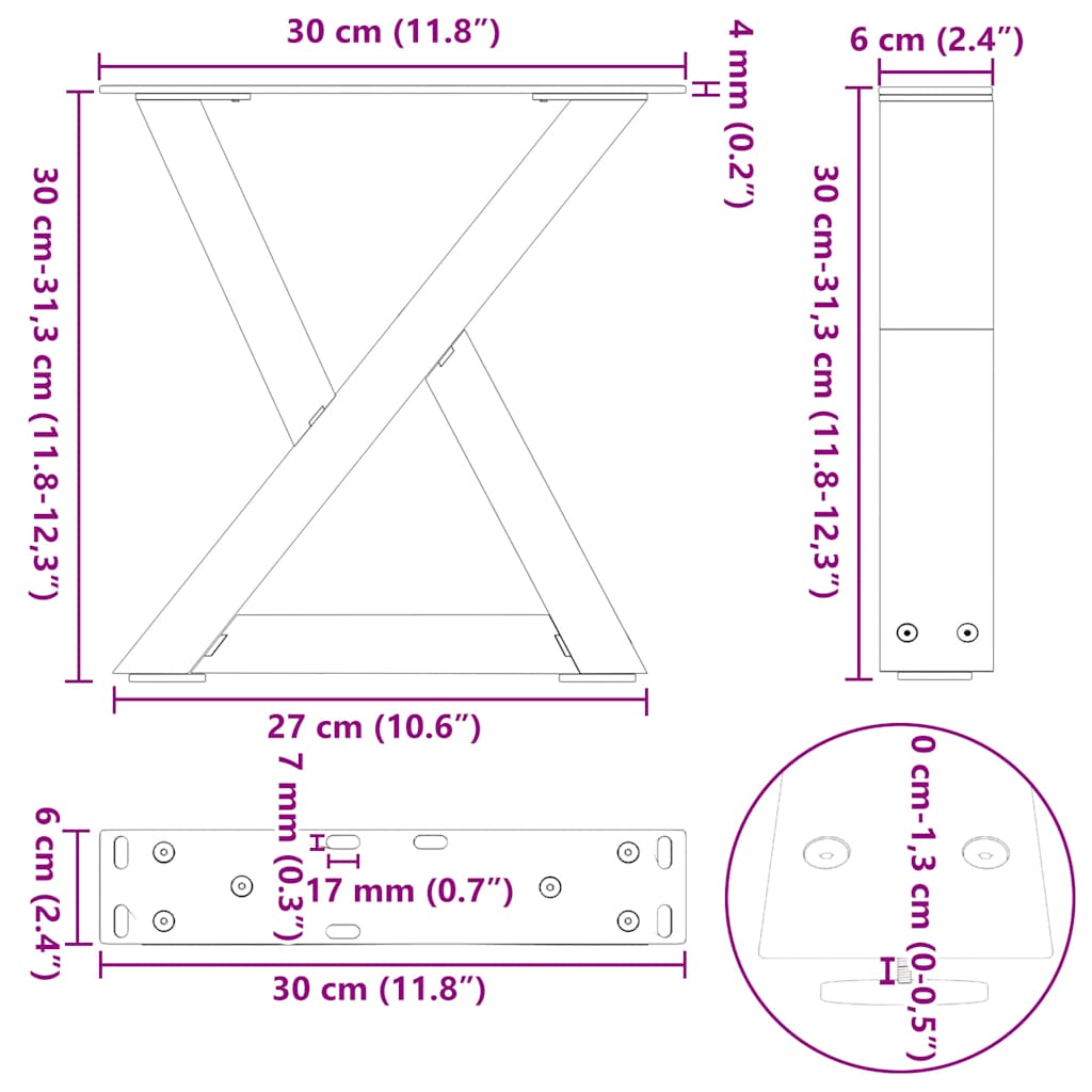 Gambe per Tavolino da Caffè 2 pz Naturale 30x(30-31,3) cm