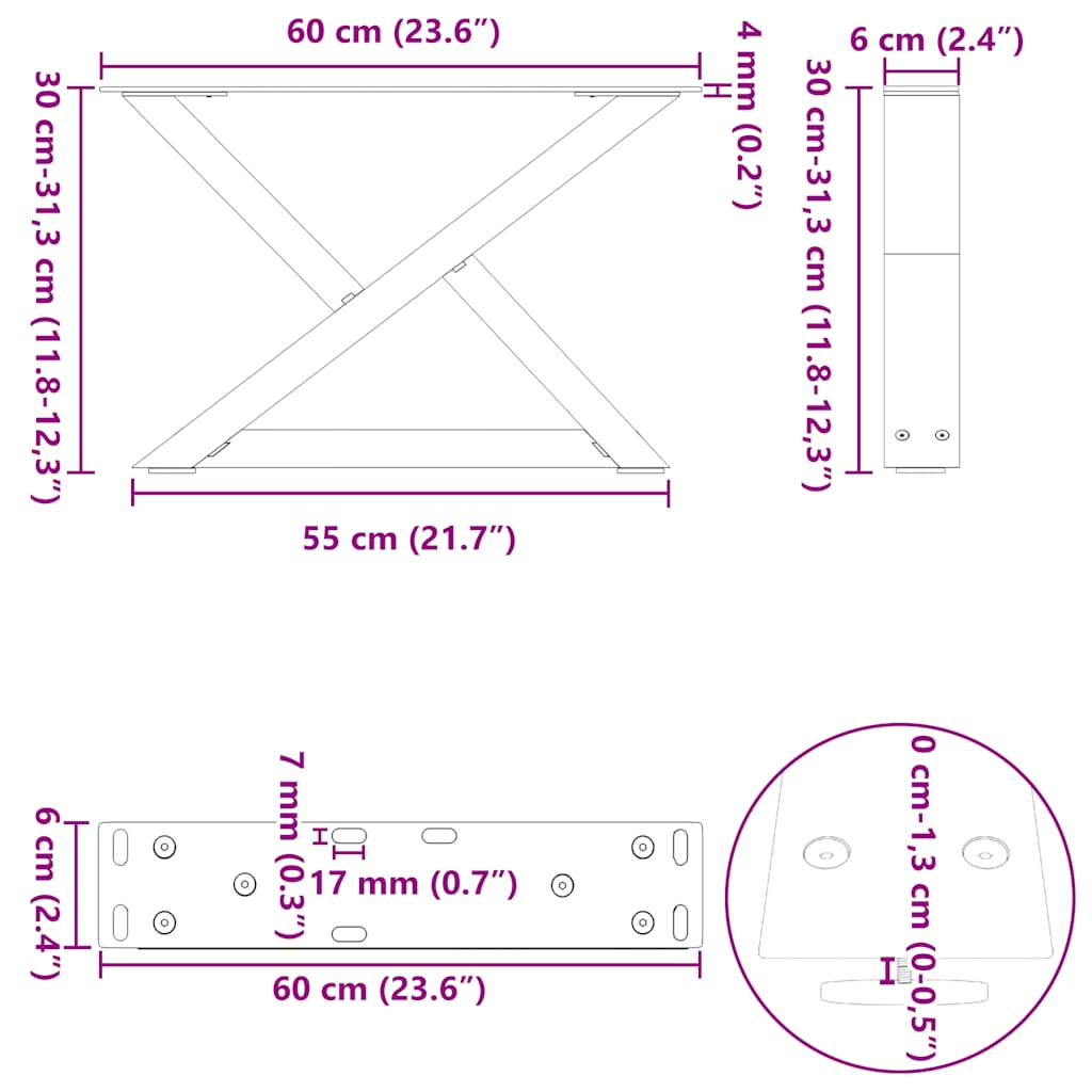 Gambe per Tavolino da Caffè 2 pz Nere 60x(30-31,3) cm Acciaio