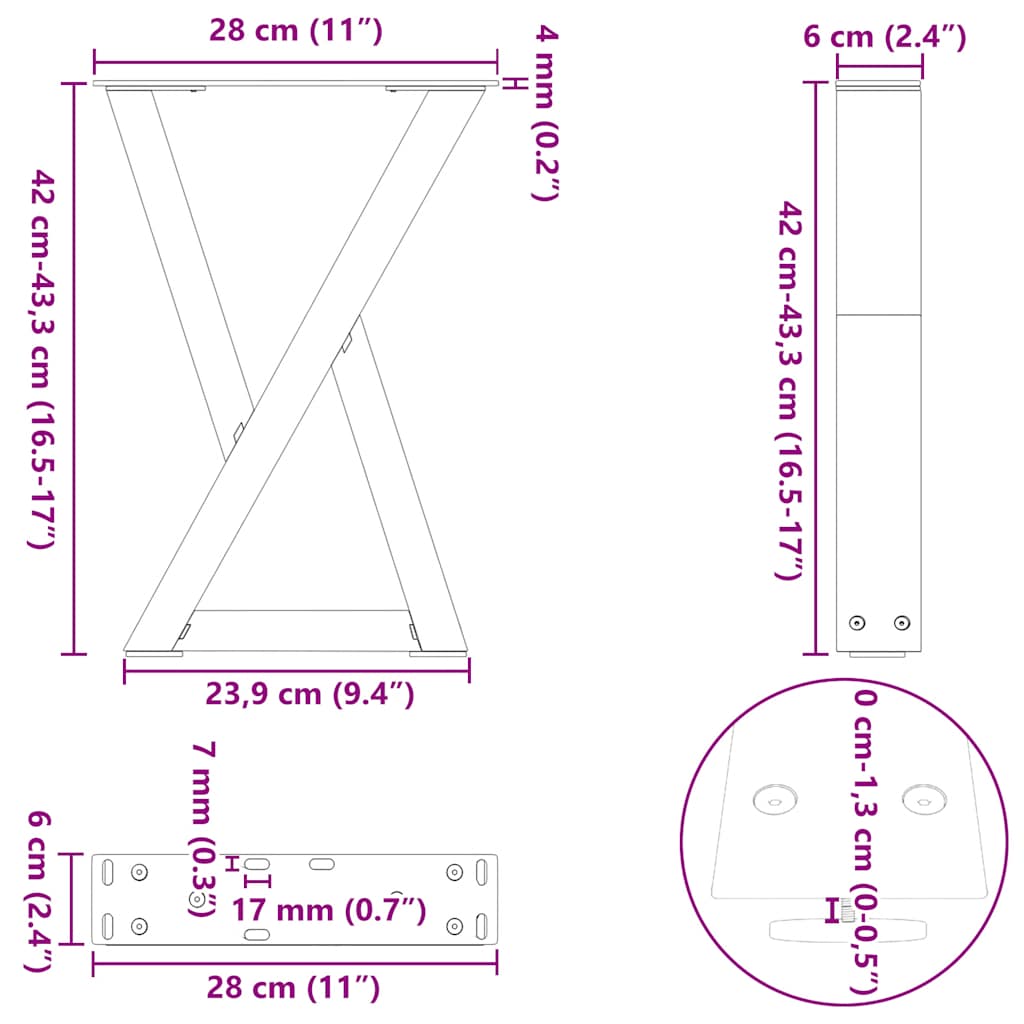 Gambe per Tavolino da Caffè 2 pz Naturale 28x(42-43,3) cm