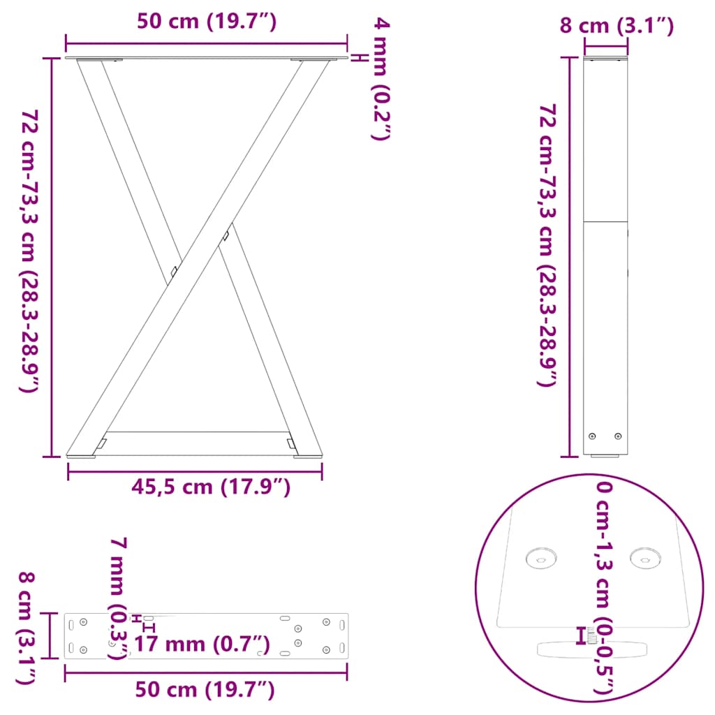Gambe per tavolo da pranzo 2 pz Antracite 50x(72-73,3) cm