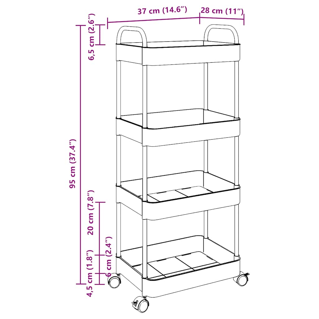 Carrello Portaoggetti a 4 Livelli 37x28x95 cm in Acrilico