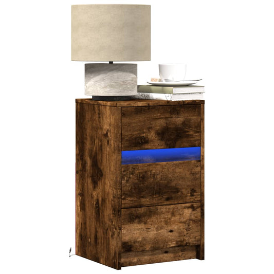 Comodino con Luci LED Rovere Fumo in Legno Multistrato - homemem39