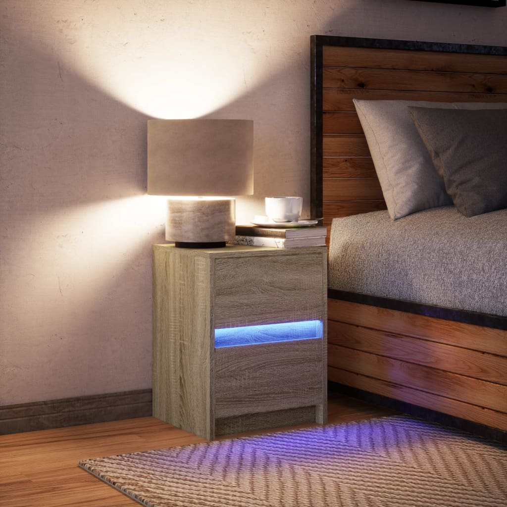 Comodino con Luci LED Rovere Sonoma in Legno Multistrato - homemem39