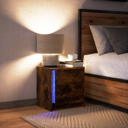 Comodino con Luci LED Rovere Fumo in Legno Multistrato - homemem39
