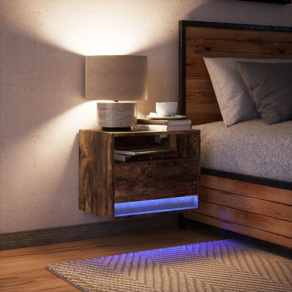 Comodino a Parete con luci LED Rovere Fumo - homemem39